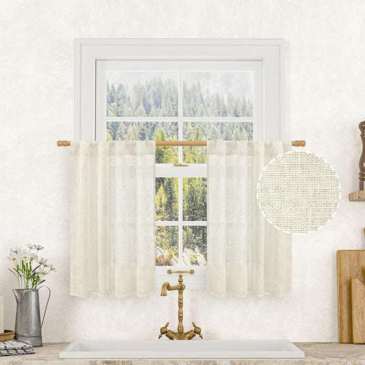 LAMIT Short Kitchen Linen Curtains 30 Inch Length for Small Windows, Cream Ivory Semi Sheer Light Filtering Panels Back Tab and Rod Pocket Cafe Drapes for Half Window, 2 Panels, 25 x 30 Inch