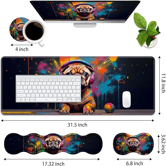 4 in 1 Ergonomic Memory Foam Mouse Pad Wrist Rest Set, Large XXL Gaming Desk Pad + Keyboard Wrist Rest + Mouse Wrist Cushion + Coaster for Home Office Study Gaming, Cute Pug with Headphones