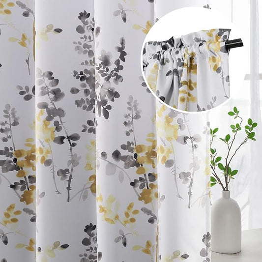 H.VERSAILTEX Floral Curtains 63 Inches Long Printed Pattern Room Darkening Curtains for Bedroom Rod Pocket Window Treatment Curtains, 2 Panels, Classical Floral Grey and Yellow