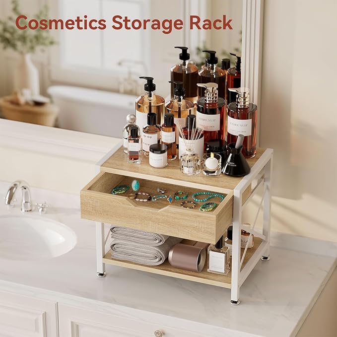 IBUYKE 2 Tier Desktop Printer Stand,Multi-Purpose Desk Organizer,Wooden Printer Stand with Drawer Storage for Folders,Books,for Fax Machine, Scanner,Home Office,Light Wood TLJ012R