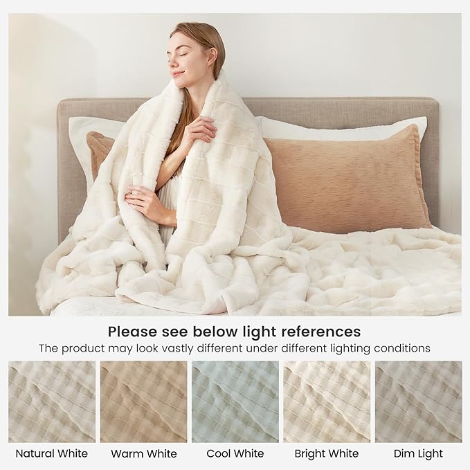 Cozy Bliss Fluffy Faux Fur Blanket Queen Size for Bed, Fuzzy Soft Striped Plush Blanket, Thick Throw for Bedroom Couch Gift, 90x90 Inches Cream White
