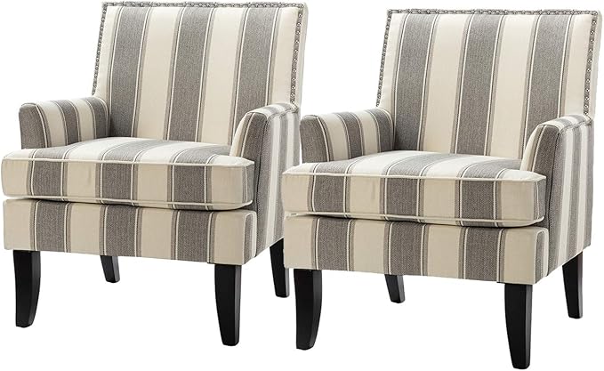 HULALA HOME Modern Accent Chairs Set of 2, Farmhouse High Back Striped Chairs with Wooden Legs & Nail Head Trim, Comfy Upholstered Armchairs for Living Room/Bedroom (Stripe Grey)