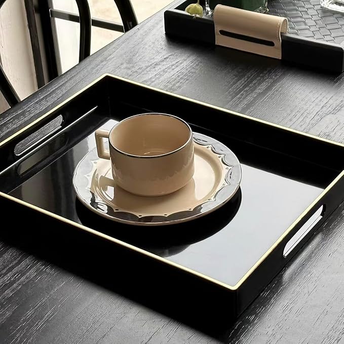 Black Sturdy Acrylic Serving Tray with Handles-15.7x11.8Inch, Morden Plastic Rectangular Serving Tray for Coffee Table Bathroom, Ottoman, Home Decor