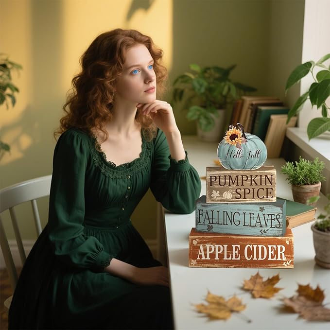 4 Pcs Fall Decor for Home Hello Fall Wooden Signs with Sunflower Autumn Thanksgiving Tiered Tray Decor Pumpkin Spice Tabletop Centerpiece Falling Leaves Block Signs for Office Kitchen Shelf