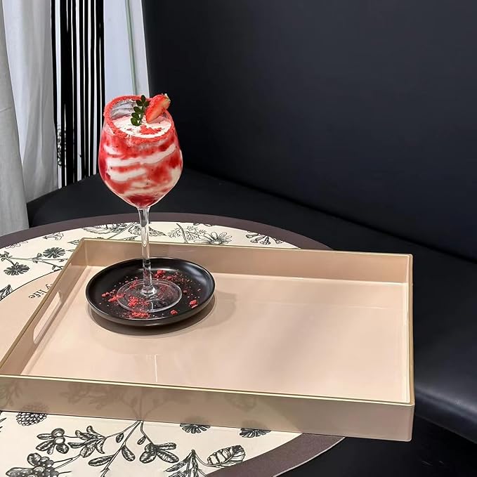 Cream Sturdy Acrylic Serving Tray with Handles-15.7x11.8Inch, Morden Plastic Rectangular Serving Tray for Coffee Table Bathroom, Ottoman, Home Decor