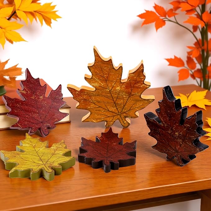 5pcs Fall Decorations for Home – Wooden Maple Leaves Set for Thanksgiving Table Centerpieces, Autumn Tabletop, Office Desk Decor