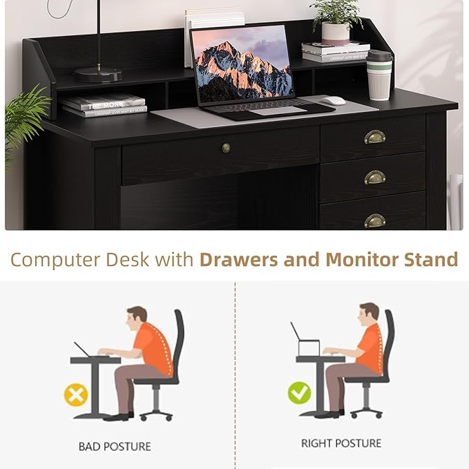 4 EVER WINNER Black Desk with Drawers, Office Desk with File Drawer and Monitor Stand, Computer Desk with Storage for Small Spaces, Bedroom, Black