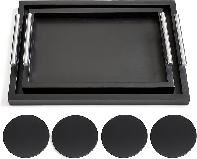 Decorative Ottoman Bamboo Serving Tray (Set of 2) | Black Sleek Metal Handles | 4 Matching Coasters | Coffee Table Decor | Serving Kitchen Platter (Bamboo Black) | for All Occasions