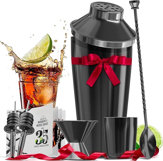 Bar Set Cocktail Shaker Set Bartender Kit, 8 Piece Black Cocktail Set, Mixology Bartender Kit, Steel Drink Shakers Cocktail Kit, Bar Accessories: 24oz Martini Shaker, Muddler, Cocktail Book and More