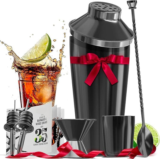 Bar Set Cocktail Shaker Set Bartender Kit, 8 Piece Black Cocktail Set, Mixology Bartender Kit, Steel Drink Shakers Cocktail Kit, Bar Accessories: 24oz Martini Shaker, Muddler, Cocktail Book and More