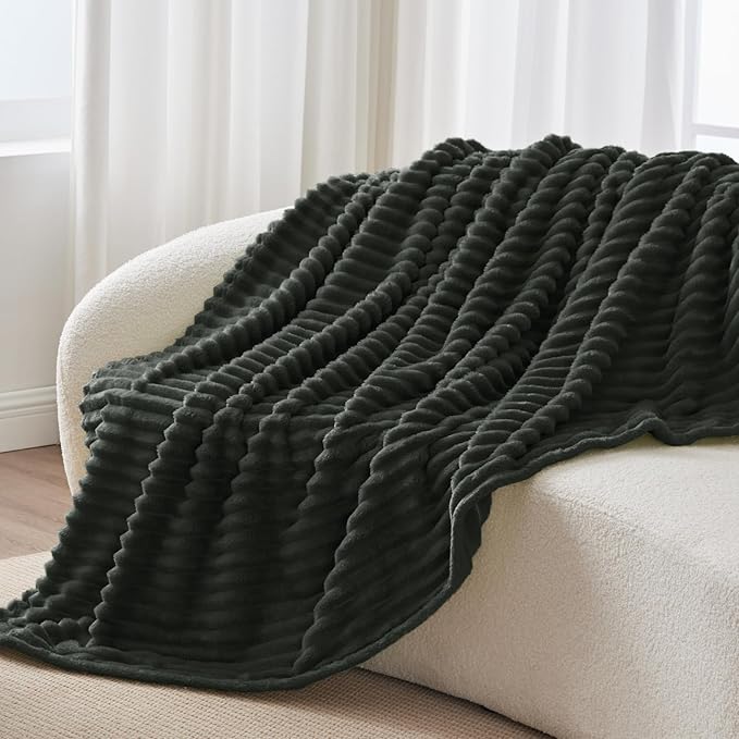 BEDELITE Fleece Throw Blanket for Couch - 300GSM Soft & Warm Fluffy Charcoal Grey Blanket, Decorative and Giftable Striped Blankets for Women, Men, 50"x60"
