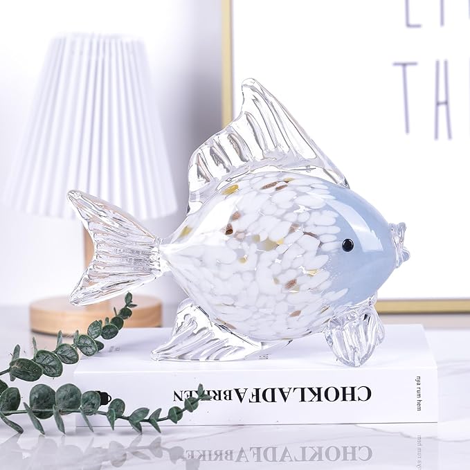 9.4 in Blown Colored Glass Fish Statue, Blue Glass Fish Paperweight Sculpture for Modern Home Decor, Living Room Coffee Table, Office Desk, Dining Table Centerpiece (C)