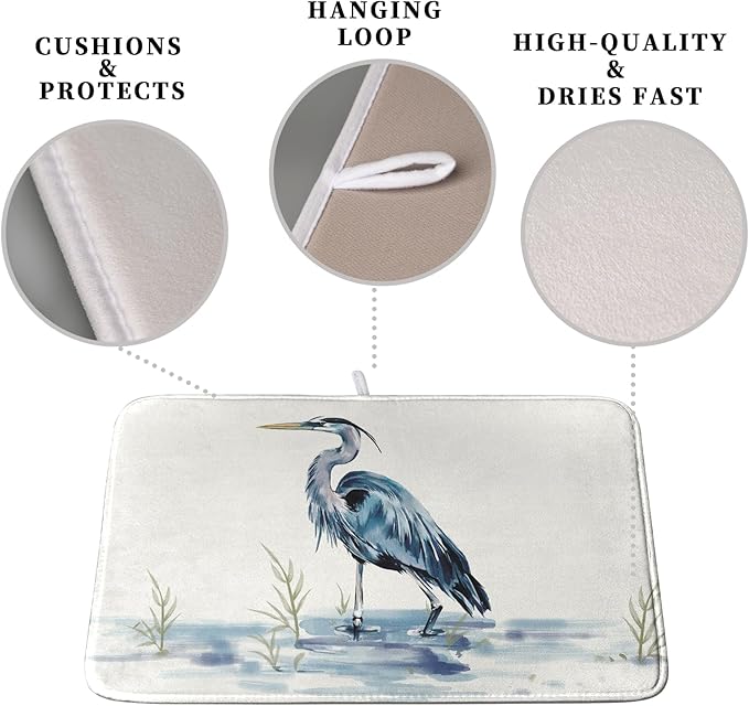 Summer Dish Drying Mat Blue White Heron Beach Absorbent Microfiber Drying Mats for Kitchen Counter Coastal Nautical Birds Dishes Drainer Mat Extra Large 18x24 Inch
