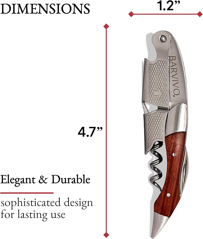 Barvivo Wine Bottle Opener with Double Hinged Corkscrew - 4.5-Inch Manual Wine Key with Foil Cutter and Cap Remover - Stainless Steel Bar Key Tool for Bartenders and Servers - Natural Rosewood Handle
