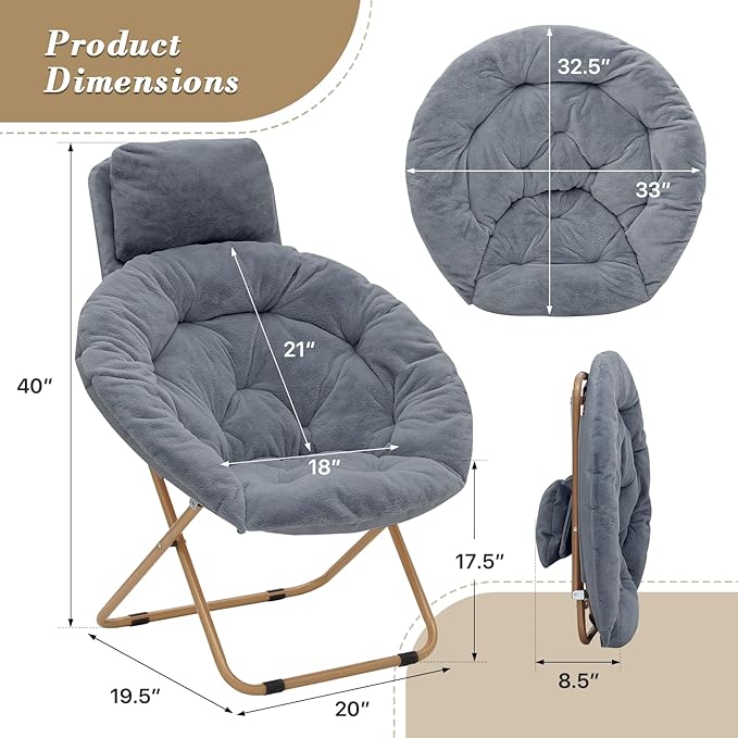 Athena Collection Comfy Saucer Chair with Headrest Oversize Round Cozy Chair Folding Chair Faux Fur Metal Frame Foldable Reading Chair Accent Chair for Bedroom Living Room Set of 2, Grey