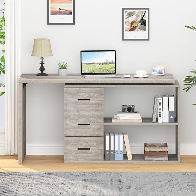 HSH 360° Rotating L Shaped Computer Desk with 3 Drawers and 2 Shelves, Home Office Swivel Desk for Work Writing Study Gaming, Reversible Wood Corner Desk with Storage Cabinet, Light Grey Oak, 55 Inch