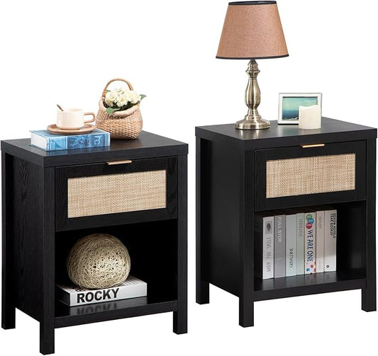 SICOTAS Rattan Night Stands Set of 2, Farmhouse Nightstand Bedside Table with Drawer and Storage Shelf, Boho End Side Table for Bedroom, Small Space, Black Oak