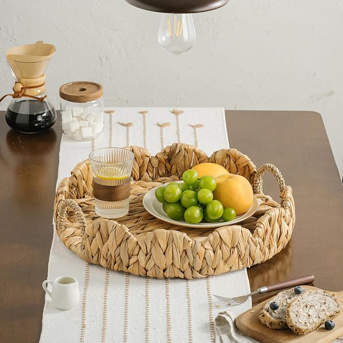 Round Wicker Scalloped Serving Tray with Handles - Seagrass Handwoven Trays,Water Hyacinth Tray for Home Decor and Living Room, Dining Table, Bathroom Organizing, 16.9" L x 16.9" W x 3.5" H