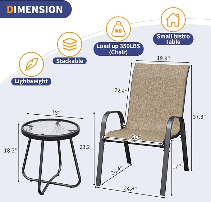 Amopatio 3 Piece Patio Set, Outdoor Stackable Dinging Chairs for All Weather, Breathable Garden Outdoor Furniture for Backyard Deck, Brown