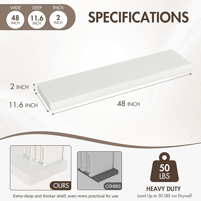 48 Inch Floating Shelves, 12" Deep Floating Shelf Wall Mounted, 48" Wall Shelves, Rustic Deep Bookshelf, Extra Deeper & Thicker Display Shelves for Bedroom, Living Room, White, Set of 2