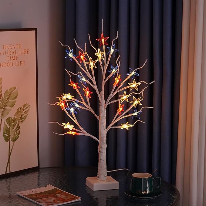 4th of July Patriotic Decorative DIY Artificial Tree Lamp, 24 LED Birch Tree Lights, Battery/USB Operated Fourth of July Independence Day Lighted Tree for Home Table Party Decor（Colorful）