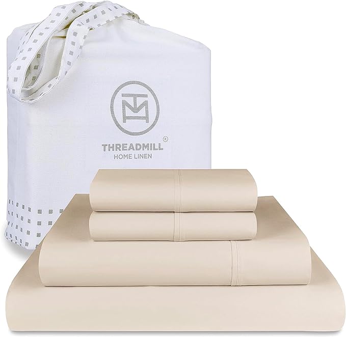 Threadmill Luxury 800 Thread Count King 100% Cotton Sheets - Light Beige Sateen Weave Bed-Sheets, Better Than Egyptian Cotton,4 Pc Solid Soft Bedding Set, Fits 16" Deep Pocket