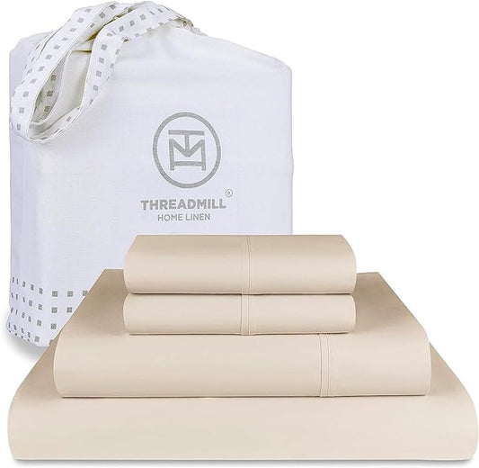 Threadmill Luxury 800 Thread Count King 100% Cotton Sheets - Light Beige Sateen Weave Bed-Sheets, Better Than Egyptian Cotton,4 Pc Solid Soft Bedding Set, Fits 16" Deep Pocket
