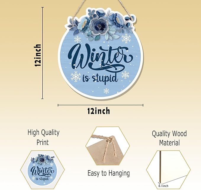 CGBHW Funny Navy Blue Winter Christmas Wooden Sign, Winter Snowflake Snowy Dusty Blue Flowers Decoration Hanging Sign Wall Decor, Christmas Seasonal Holidays Wooden Signs for Home Door Decor 12 x 12 Inch