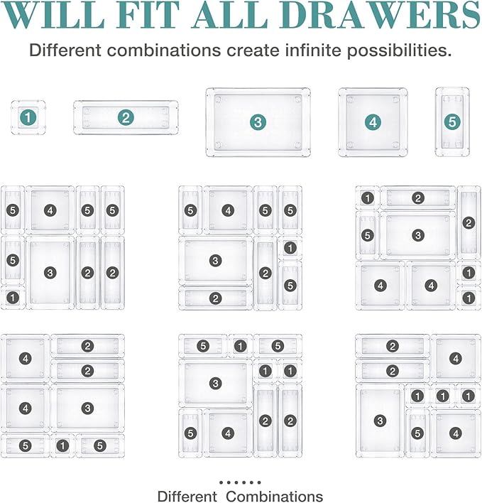 25 PCS Drawer Organizer Set, 4 Varied Size Bathroom and kitchen Drawer cabinet organizer Trays, Clear Storage Bins for Makeup, Jewelry, Utensils and Gadgets
