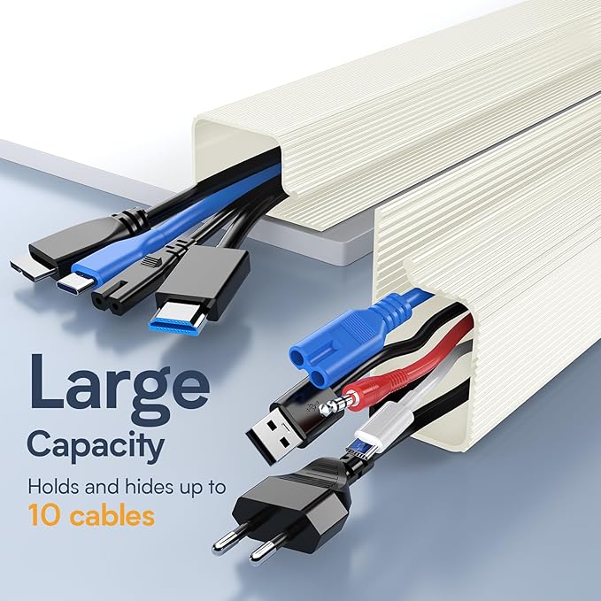 Delamu 62.8in Under Desk Cable Management, Safe Tidy Cable Management Under Desks for Home Office, 4 Pack Cord Organizer for Desk, Wire Organizer Kit, Beige