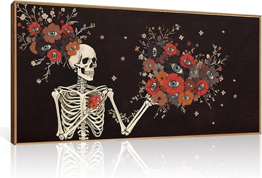 KAIRNE Halloween Skeleton Wall Art,Gothic Skull Canvas Set of 1(40”x20”),Romantic Spooky Floral Botanical Print,Scary Skull Painting,Horror Halloween Wall Art for Living Room Bedroom Goth Party Decor