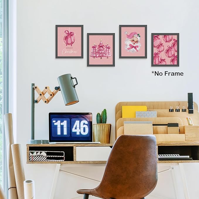 TLESKE Pink Winter Merry Christmas Coquette Bow Posters Prints Unframed Set of 4 for Teen Girls Dorm Bedroom Living Room, Santa Claus Christmas Ball Pine Trees Wall Art Prints Pictures Decor, 8x10