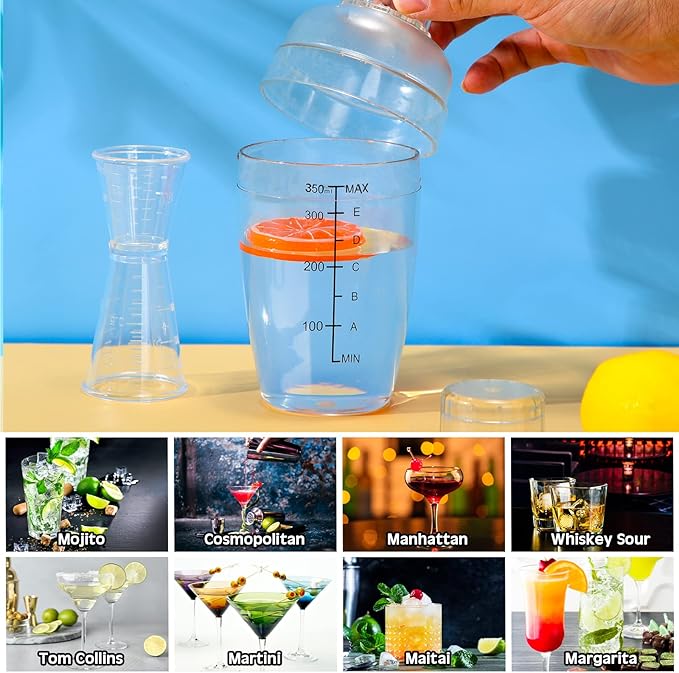 7 Pcs Plastic Cocktail Shaker Set Drink Mixer with Mark Clear Drink Cocktail Shaker and Measuring Jigger Set Ounce Cup Clear for Bar Party Home Use Wine Bar(11.8oz)