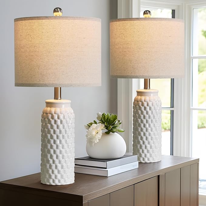 24" Modern Ceramic White Bedside Lamp Set of 2 Table Lamp for Bedroom Decor Farmhouse Table Lamp for Living Room Office Dorm