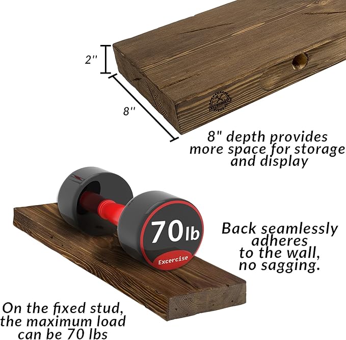 Floating Shelves 60 inch Long 8 "deep Set of 2, Heavy Duty Wood Wall Mounted Shelves for Bathroom Living Room Kitchen,Book Shelves with Thickened Hidden Bracket-Distressed Walnut