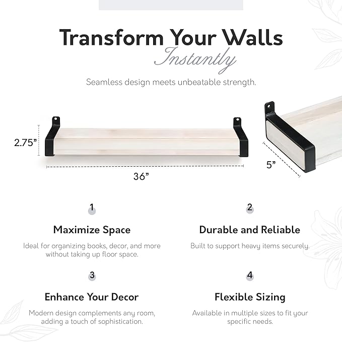 InPlace Wall Mounted Floating Shelf, Real Wood Industrial Bracket Ledge, 5" D x 36" W x 2.75" H, Distressed White, Heavy-Duty for Living Room, Bathroom, Kitchen, Office 9602116E