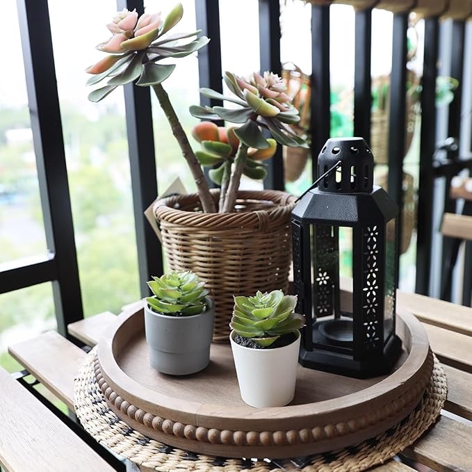 Wood Decorative Serving Tray with Bead, Round Vintage Wooden Ottoman Tray for Home Centerpiece, Counter Organizer, 13” Circle Tray for Kitchen, Living Room (Rustic Brown)