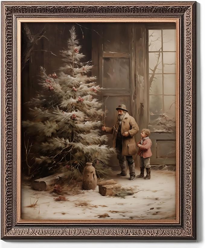 Country Christmas Vintage Painting Print Winter Rustic Wall Art Farmhouse Christmas Holiday Decor Print Christmas Wall Art