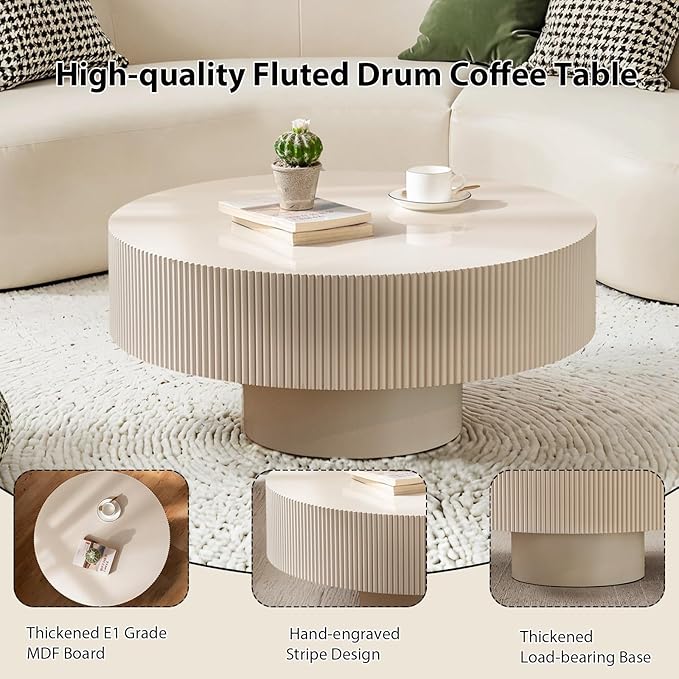 Round Fluted Coffee Table Mid Century Modern Coffee Tables with Handcrafted Relief Circle Drum End Table Rustic Industrial Center Tables for Apartment Living Room (White Round Thick)
