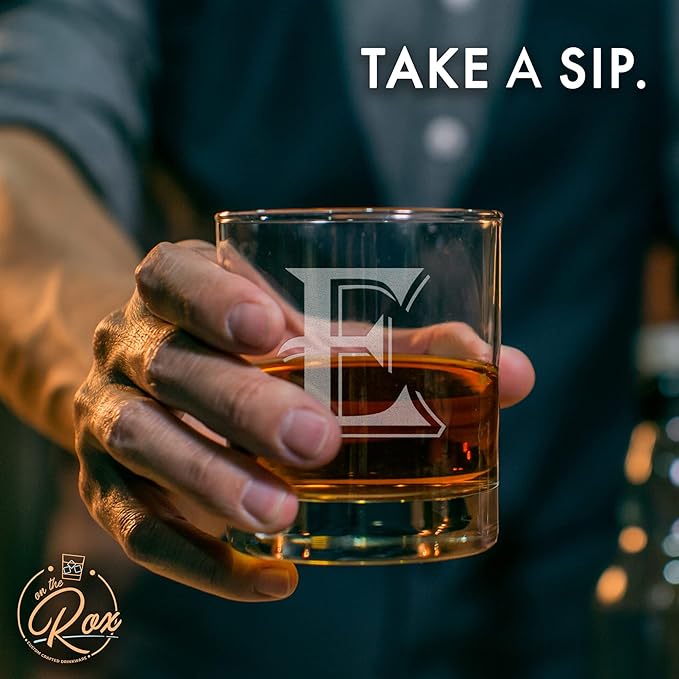 (E-Monogram)- 4 Piece Set of 11 Ounce Engraved Heavy Base Rocks Glasses Elegant Glass-Multi-Purpose Beverage-Rocks Glass- Gift for any Occasion- By: On The Rox