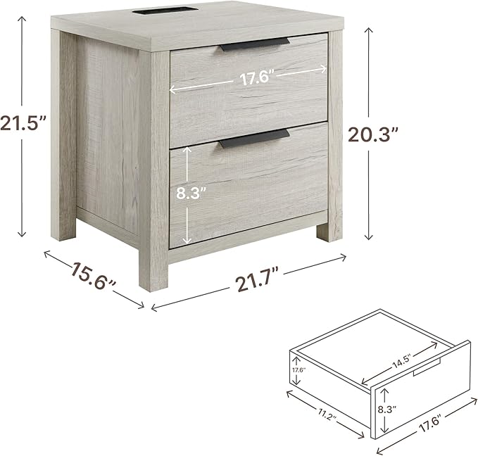 21" Farmhouse Nightstand Set of 2 with Charging Station 2 Drawers Large End Table with Metal Handle Rustic Low Night Stand Wood Dresser for Living Room Bedroom Closet,Grayish White