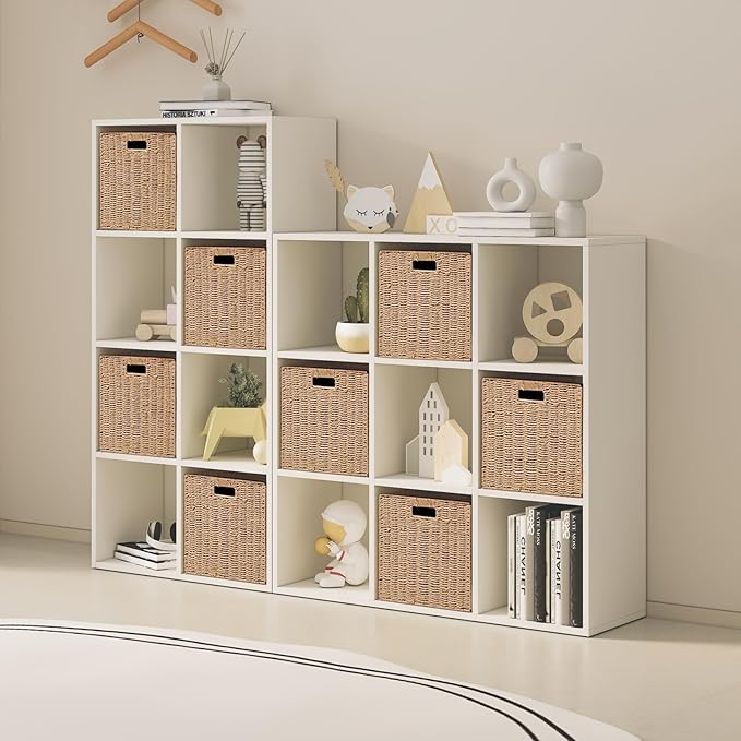 Foldable Storage Baskets with Handles Paper Rope Storage Baskets Rectangle Collapsible Hand Woven Storage Cubes Bins for Organizing Shelves Living Room Bedroom Pantry (3, 11'' x 11'' x 11'')