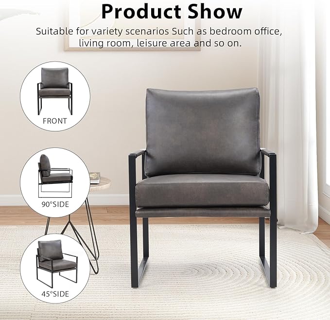 INZOY Mid Century Modern Accent Chair with Removable Cushions Set of 6, Comfy PU Leather Living Room Chairs with Thicker Backrest and Cushion, Metal Frame Design, Dark Grey
