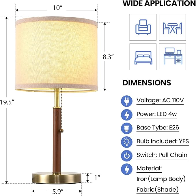 Mid Century Table Lamps Set of 2, 19.5" Modern Bedside Buffet Table Lamps with Pull Chain Switch, Antique Brass & Wood Small Nightstand Lamps for Living Room Bedroom End Table