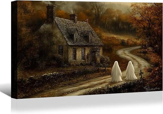 BANHUA1 Vintage Halloween Canvas Wall Art, Spooky House & Ghosts in Haunted Forest Pictures Print, Dark Academia Wall Decor for Home, Living Room, 24 x 16 Inch