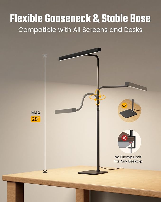 SUPERDANNY LED Desk Lamp for Home Office, Eye-Caring Desk Light with Base, 12W Touch Control 3 Colors Dimmable Brightness, Gooseneck Architect Lamp for Computer Monitor Reading Workbench, Black