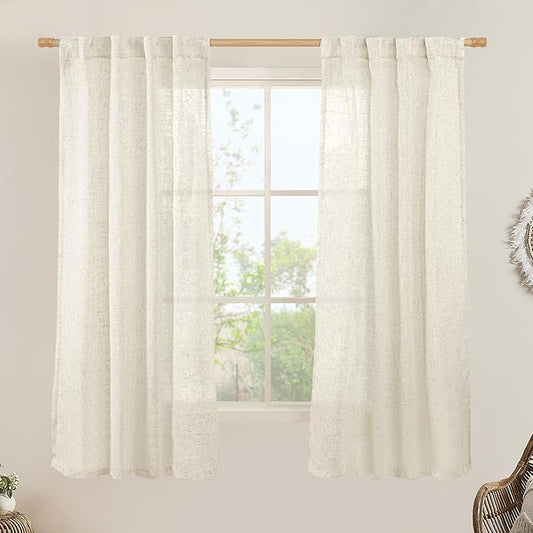 LAMIT 63 Inch Semi Sheer Linen Curtains, Light Filtering Panels Back Tab and Rod Pocket Neutral Drapes for Bedroom/Living Room, Natural, 2 Panels, 34 x 63 Inch