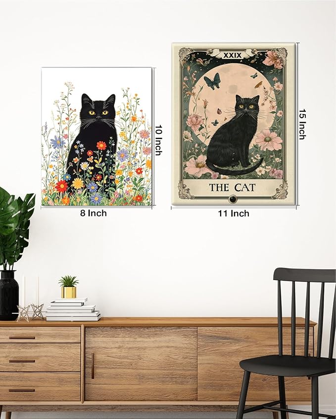 Aesthetic Cat Tarot Wall Art Decor Witchy Cat Moon Flowers Tarot Card Canvas Print Poster Framed Painting Wall Decorations for Home Living Room Bedroom 11x15 Inch, Mystical Cats Lover Gifts
