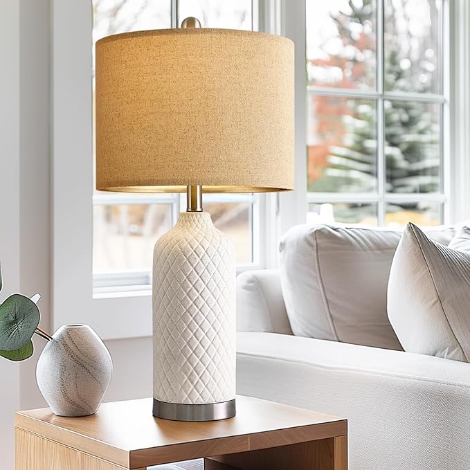 24.25" Modern White Ceramic Table Lamps Set of 2, Boho Farmhouse Bedside Lamps with White Linen Shades, Perfect for Living Room, Bedroom Nightstands, and End Tables