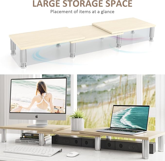 AX Waber Dual Monitor Riser - Adjustable Length & Angle, Wooden Stand for 2 Monitors with Storage